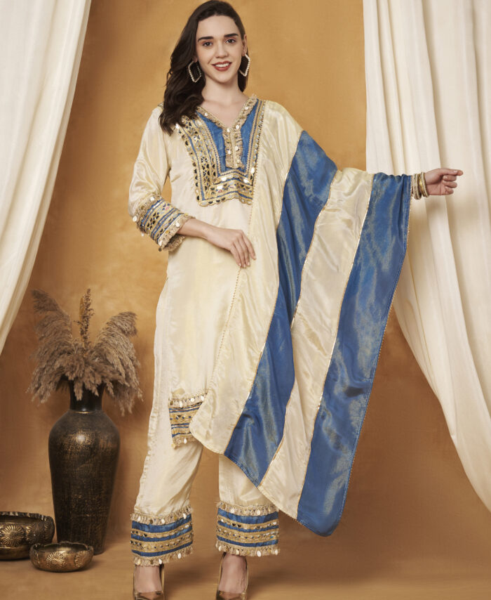CREAM AND BLUE SUIT SET WITH EMBELLISHMENTS (3 PIECE)