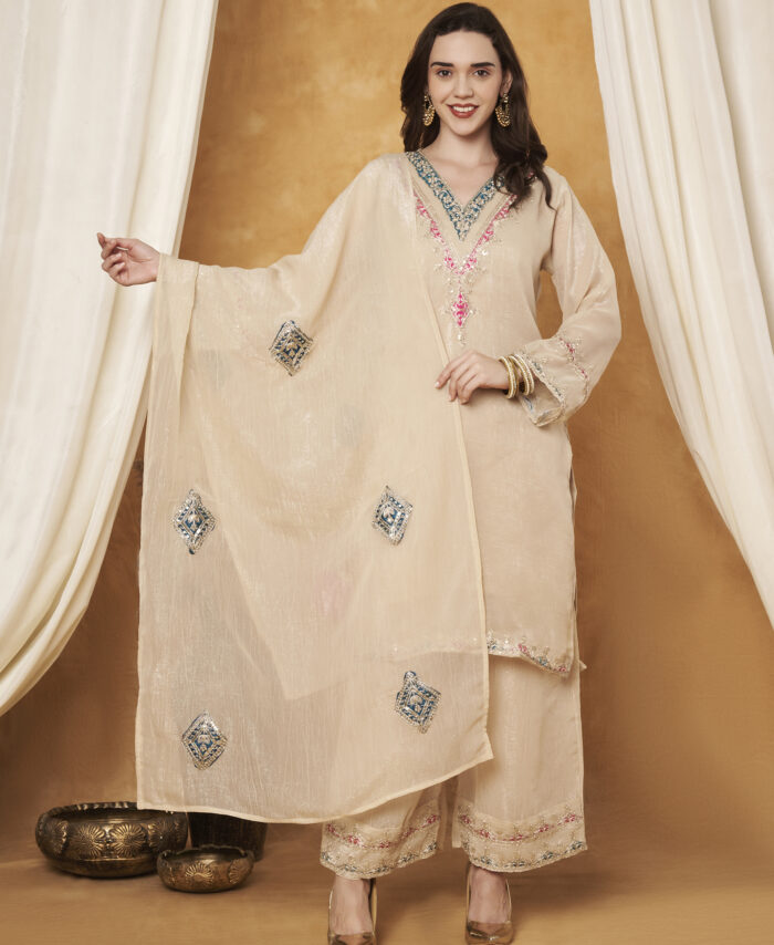SKIN COLOUR ZARI WORK SUIT SET (3 PIECE)