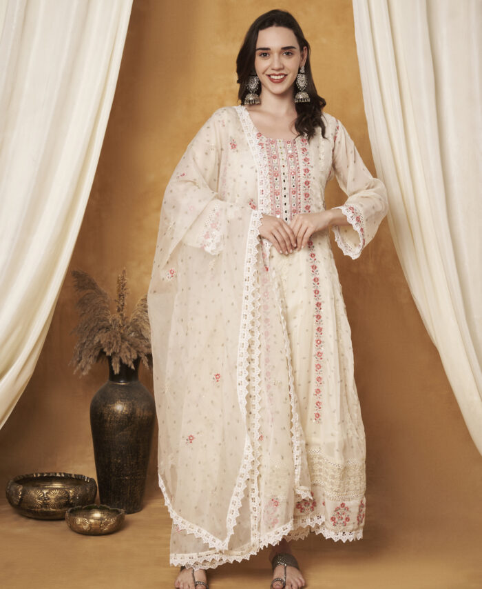 CREAM COLOUR EMBROIDERED ORGANZA A-LINE SUIT SET WITH DUPATTA (3 PIECE)