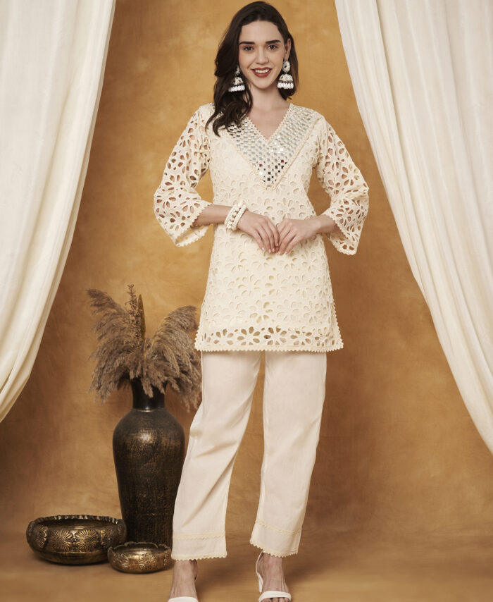 CREAM CROCHET GOLDEN MIRROR WORK CO-ORD SET