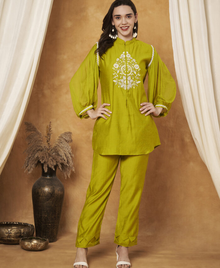 GREEN CHIFFON FRONT ZIPPER CO-ORD SET