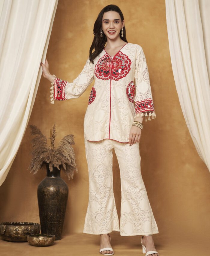 CREAM CROCHET RED POCKETS CO-ORD SET