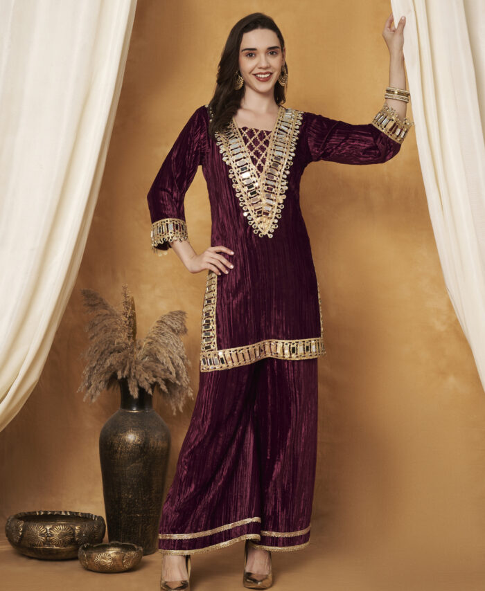 MAROON AND GOLDEN VELVET CO-ORD SET