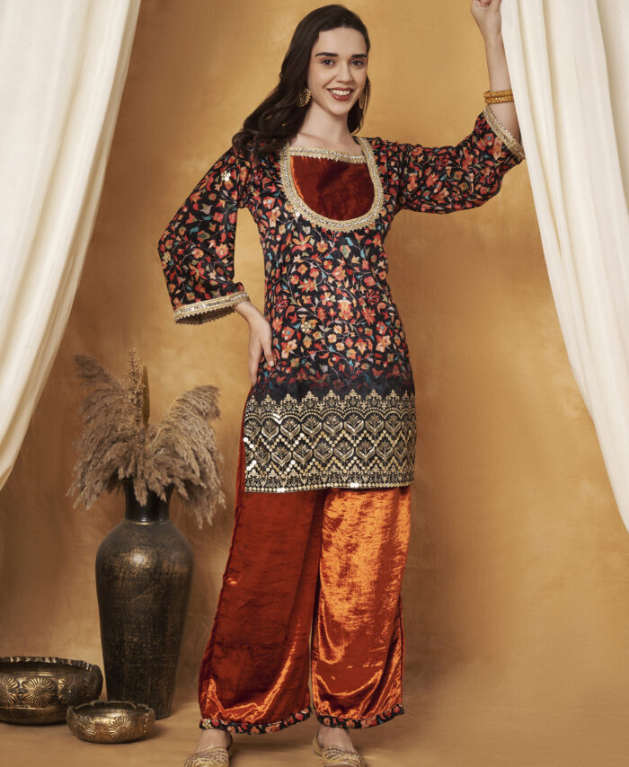 MULTICOLOR PRINTED VELVET CO-ORD SET WITH EMBELLISHMENTS