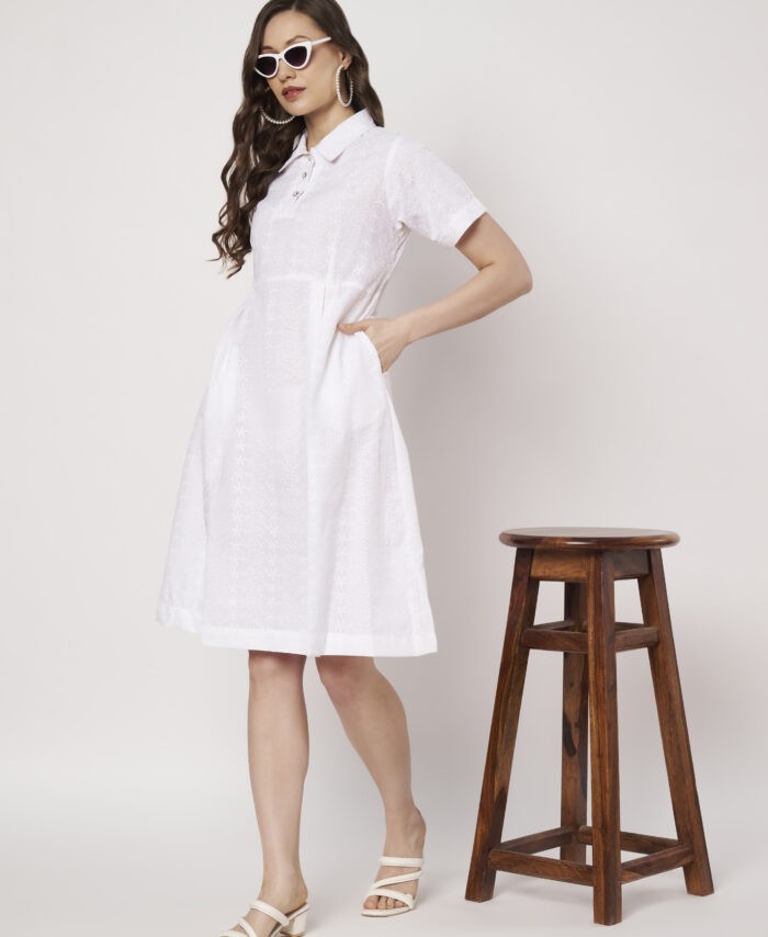 WHITE CHIKANKARI COTTON A-LINE DRESS