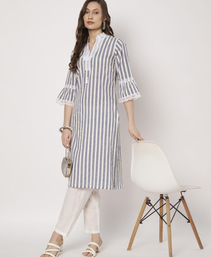 Women Blue & White Striped Cotton Kurta with Lace Detailing