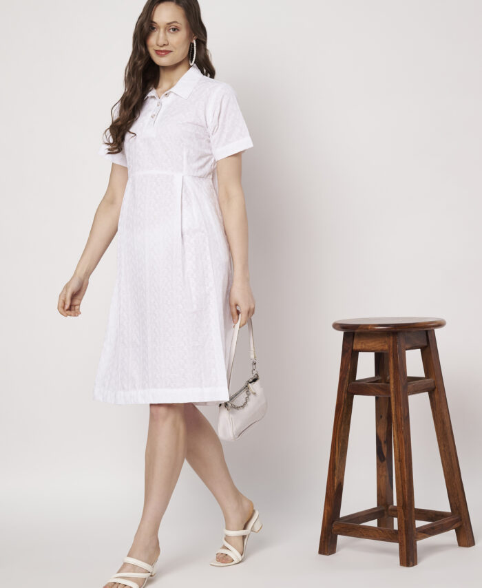 WHITE CHIKANKARI COTTON A-LINE DRESS