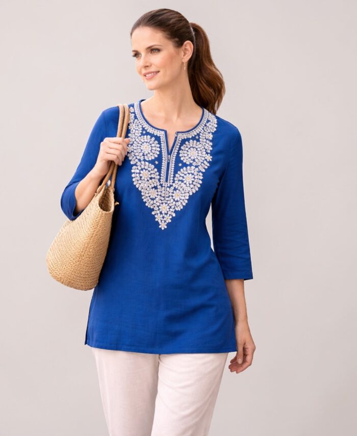 Women Blue Cotton Rayon Embroidered Round Neck Short Kurti