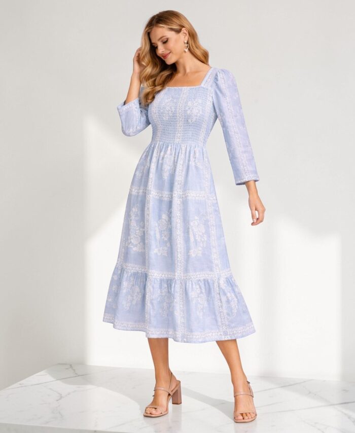 Women Blue Square Neck Smocked Midi Dress