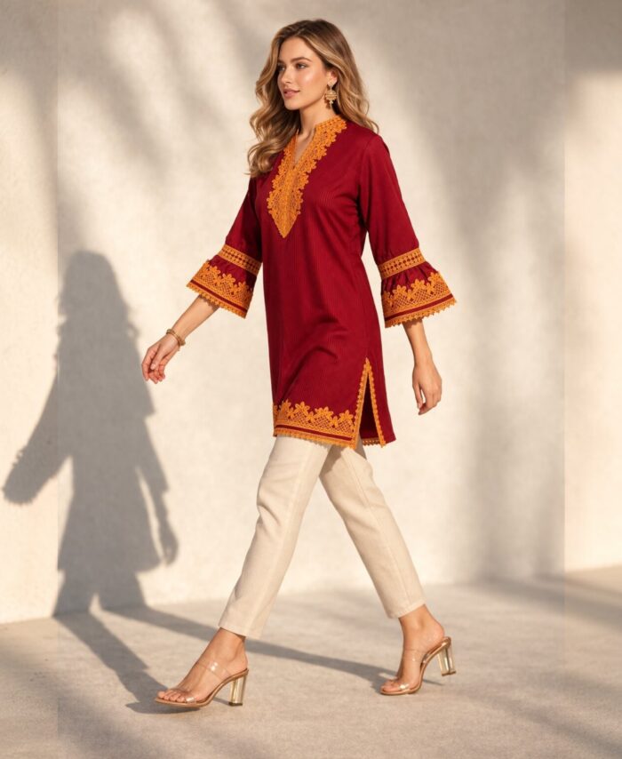 Women Maroon Cotton Kurti with Golden Lace Work