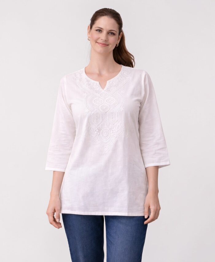 Women White Cotton Rayon Embroidered Round Neck Short Kurti