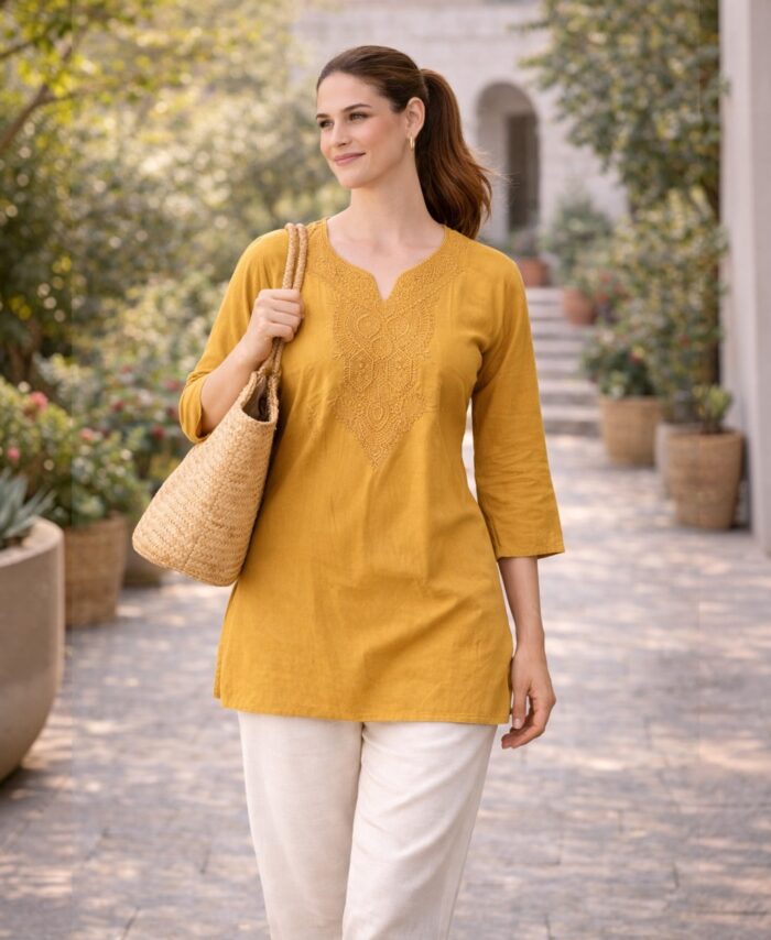 Women Mustard Cotton Rayon Embroidered Round Neck Short Kurti